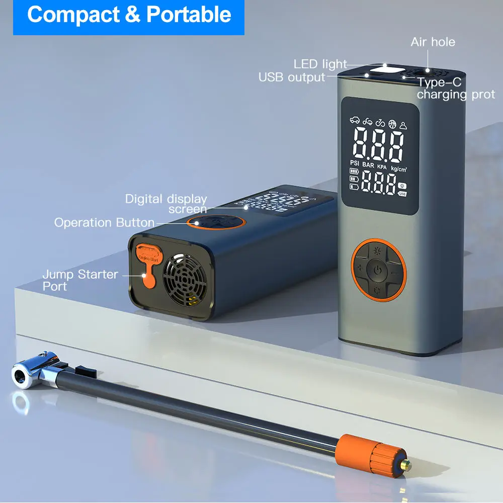 Portable Plastic Car Air Pump Compressor Jump-start Device Multi-functional Digital LCD Tire Inflator Oil-Free Cylinder 14.8V