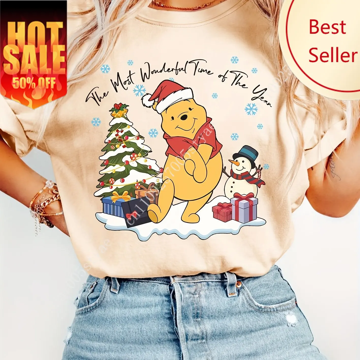 

Disney Winnie The Pooh Christmas T-Shirt Cotton Men's Women Casual Trendy Oversized Loose Short Sleeve Unisex Event Outfit