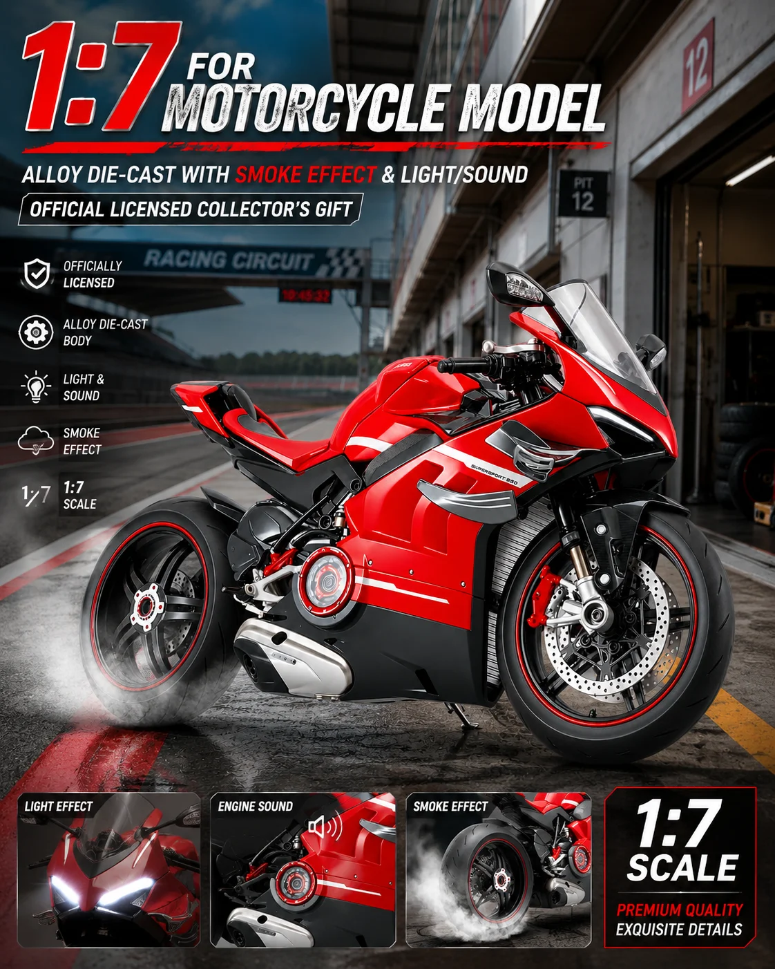 1:7 Scale Motorcycle Model - Alloy Die‑cast, Realistic Smoke Effect with Light & Sound, Premium Collector’s Gift