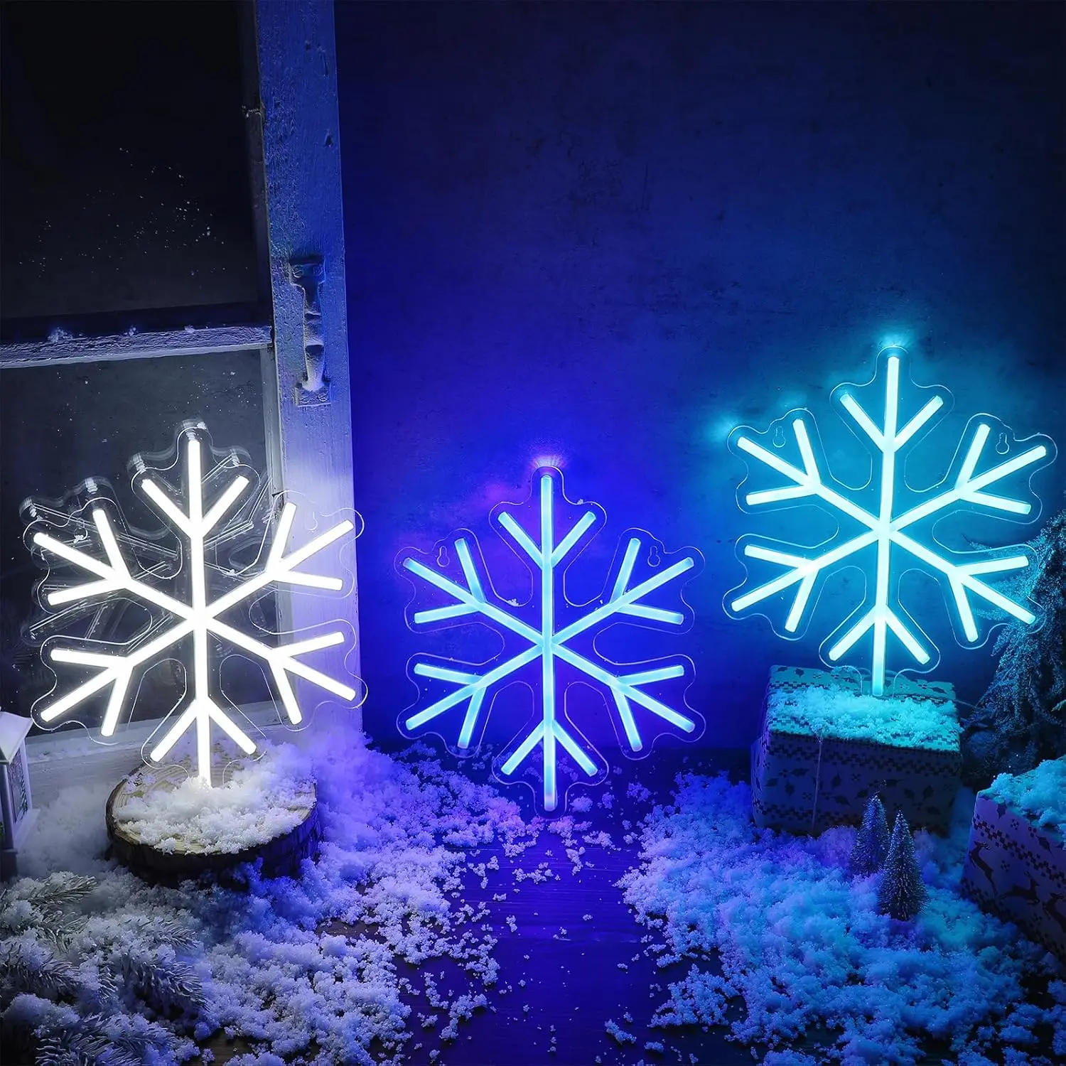 3pcs Snowflake LED Neon Signs, 9*7.9 Inch Snowflake Neon LED Lights Winter Neon Window Wall Bar Living Room Decoration Winter Ch