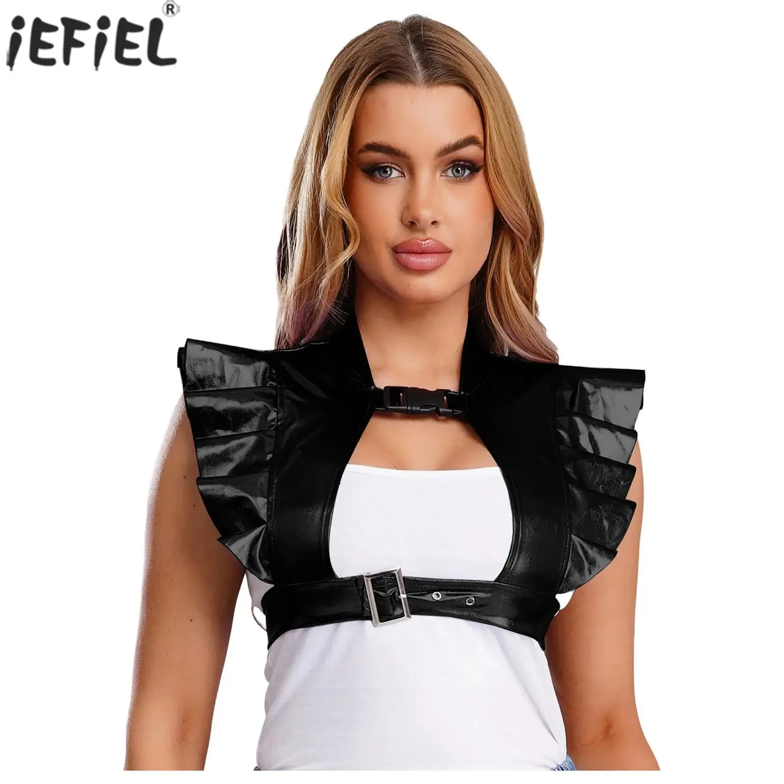 

Women Sexy Front Cutout Tops Shoulder Armor Ruffled Trim Adjustable Bottom Straps Crop Top Shrugs for Raves Party Cosplay Wear