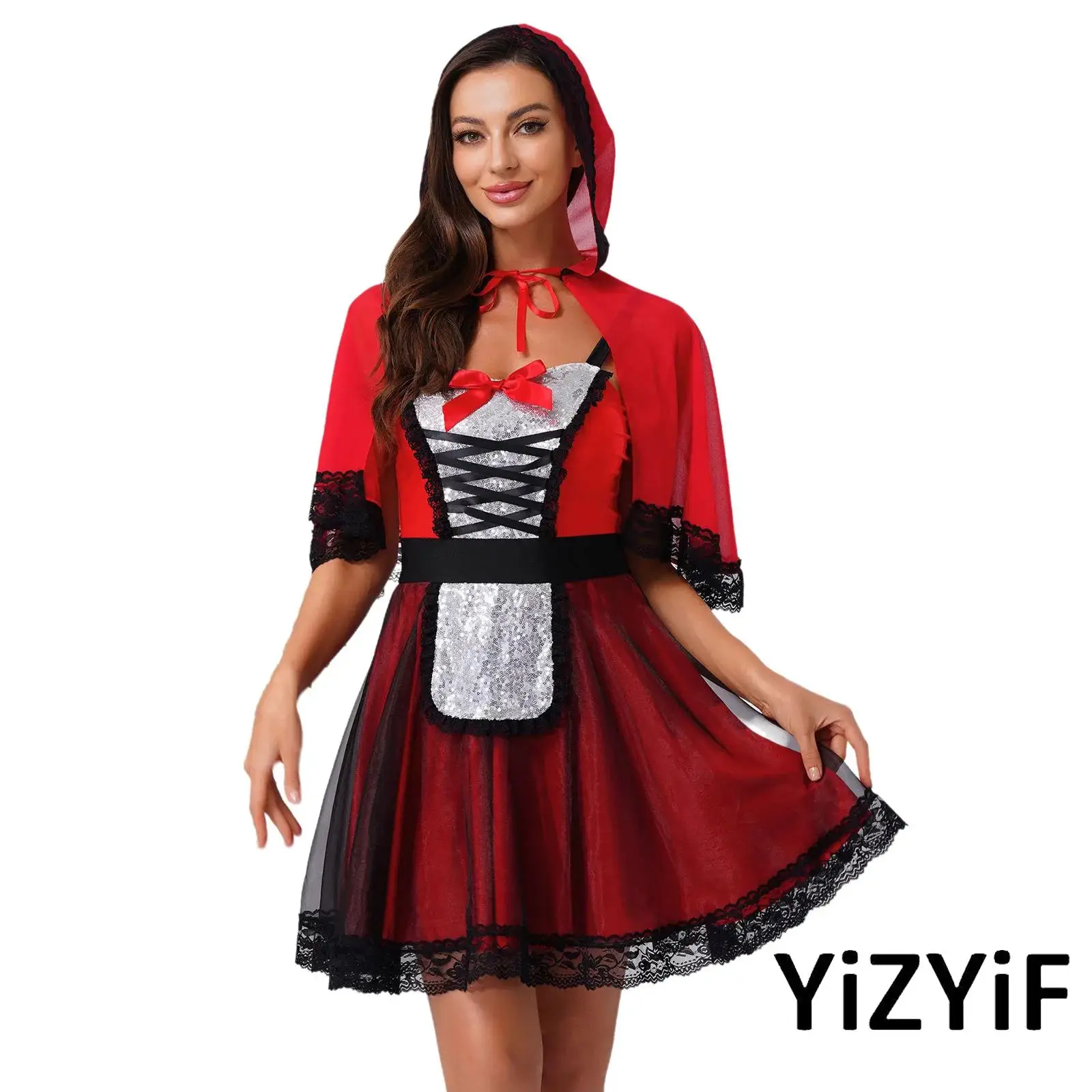 

Womens Bloody Bride Cosplay Dress with Red Hood Cape Fashion Nice Roleplay Dress Costume for Halloween Carnival Theme Party