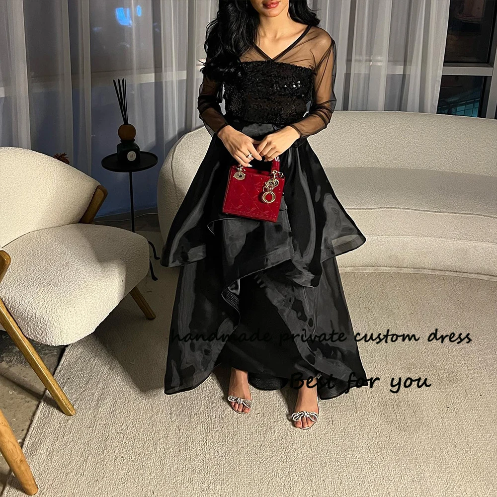 

Black Evening Dresses Long Sleeve V Neck Arabian Dubai Formal Dress Floor Length Satin Sequins A Line Prom Party Gowns