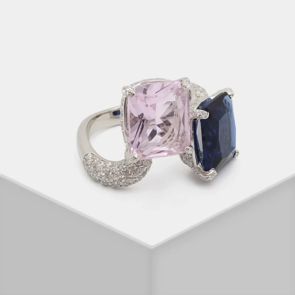 AB/925 silver embedded high carbon diamond Zircon blue pink double gemstone geometric design unique jewelry ring for women.