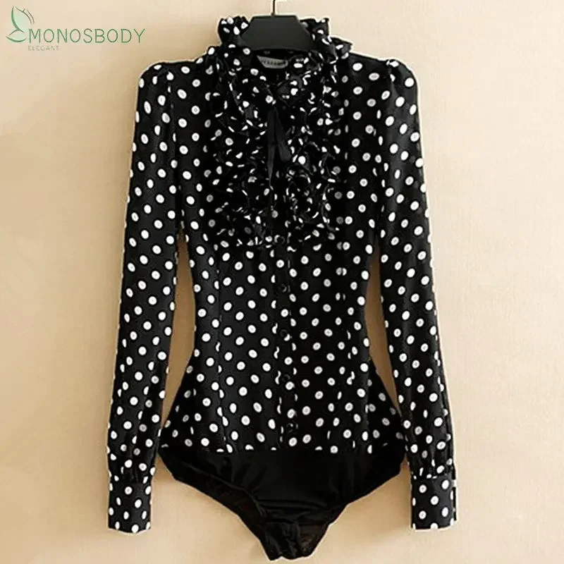 Fashion Ruffles White Rompers Office Lady Chiffon Blouses and Tops Business Work Wear Shirts Women Bodysuits Polka Dot Outfits