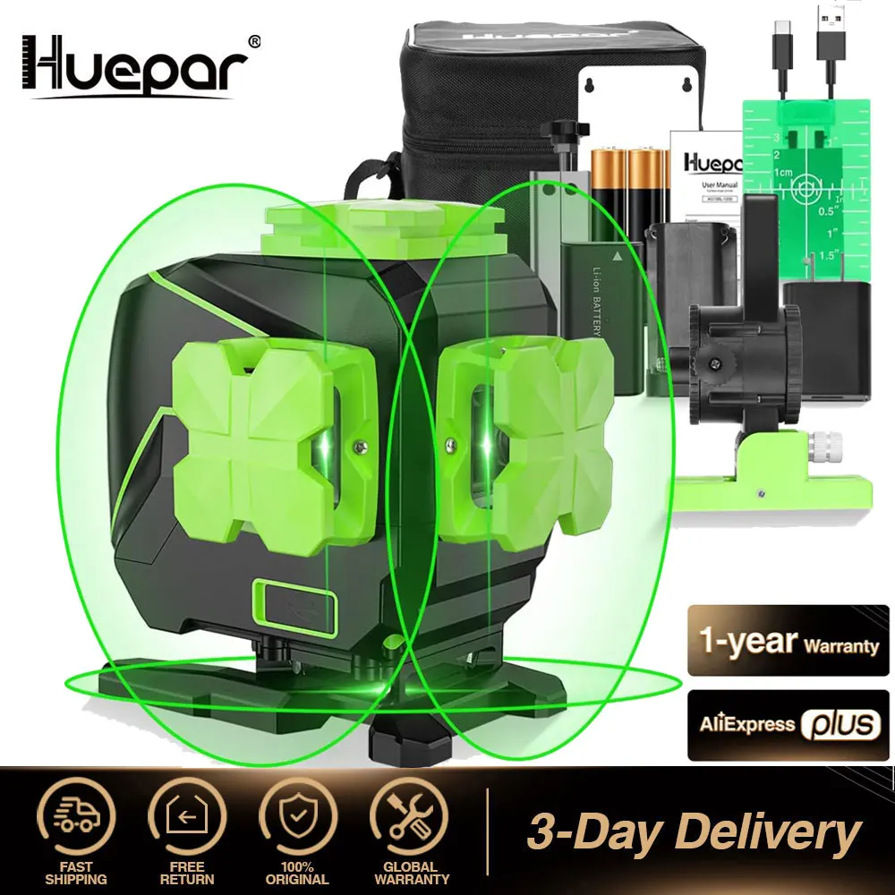 

Huepar 3x360 Cross Line Laser Level 3D Self-leveling Osram Diode Green Beam Tiling Floor Laser Tools Vertical & Horizontal Lines