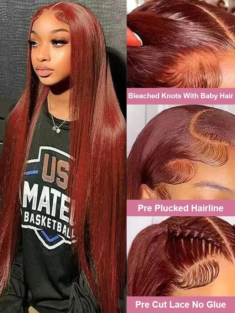 Bone Straight Lace Front Wig #33 Reddish Brown Colored Indian Human Hair 13x4 13x6 HD Transparent Lace Frontal Wig Pre Plucked