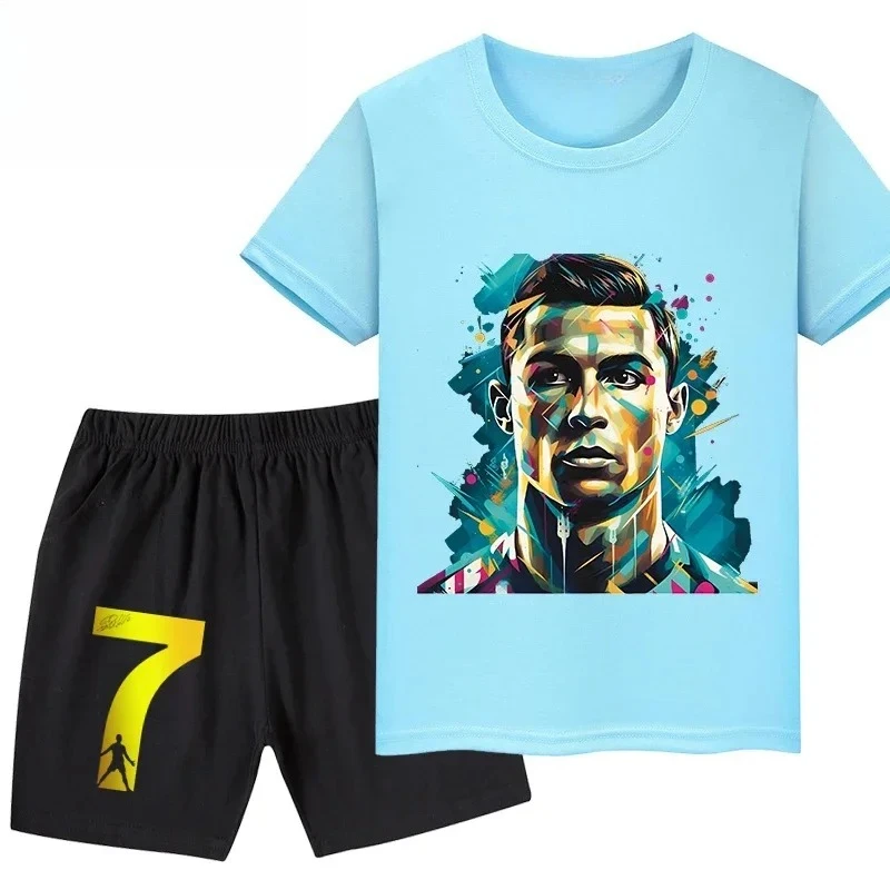 

Ronaldo Head Print Children's Clothing Summer Kids T-shirt Set Pure Cotton Short-sleeved Shorts 2-piece Set Boys and Girls Gifts