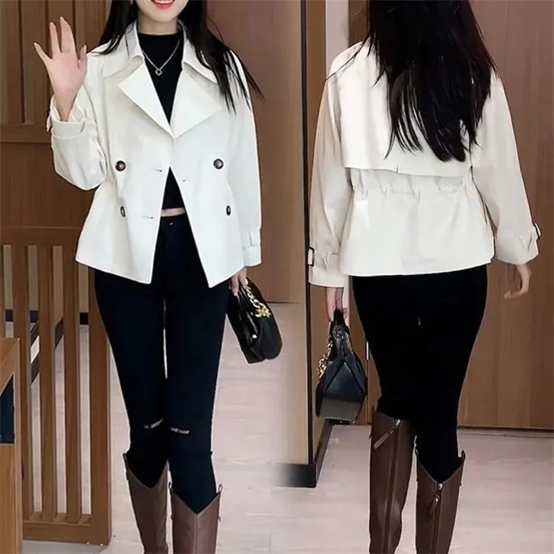 High-Quality Windbreaker Jacket Women\'s Fashion Waist Short Outwear 2024Spring Autumn New Coat Double-Breasted Loose Female Tops