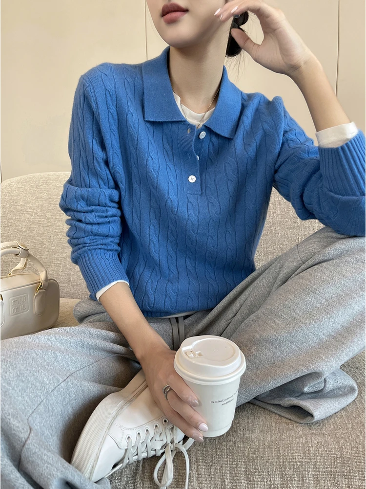

Blue polo neck long-sleeved sweater women's winter new soft waxy twist cashmere pullover