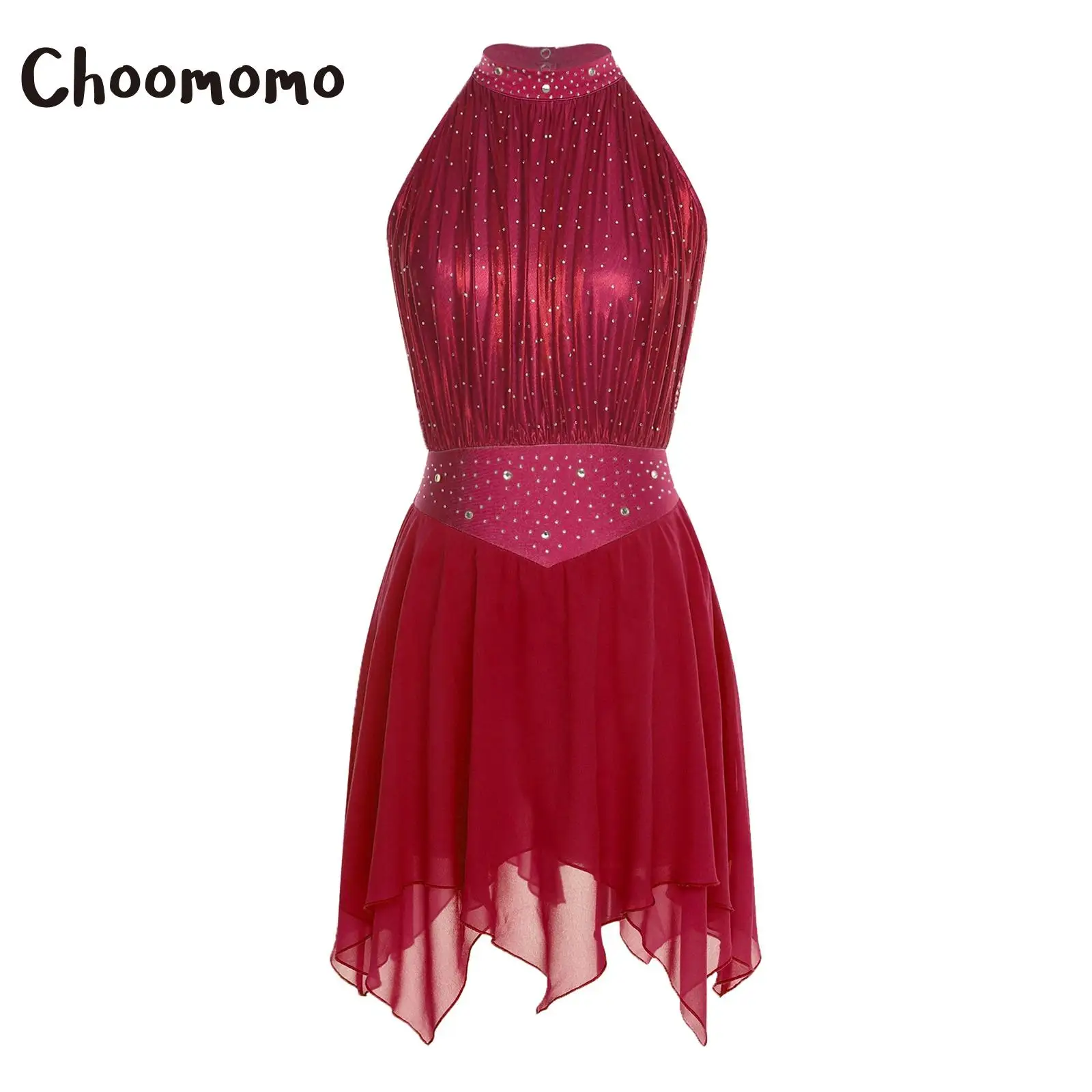 

Womens Lyrical Dance Dress Ruched Metallic Rhinestone Leotard Dress for Modern Contemporary Ballet Figure Skating Performance