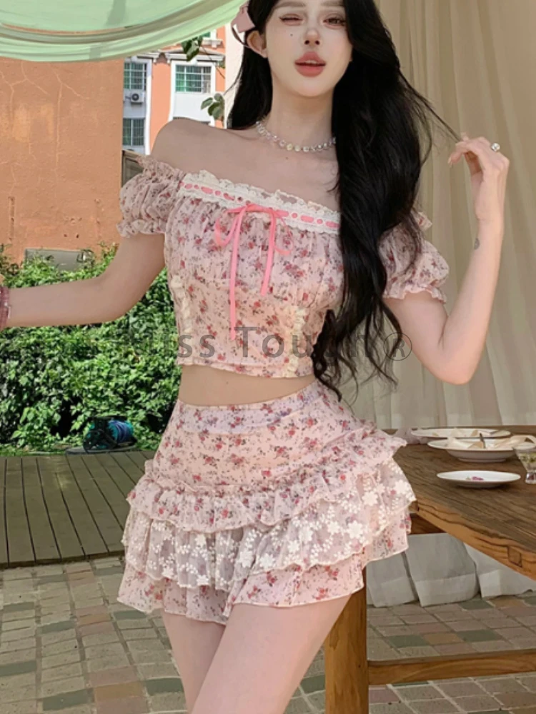 Summer Sweet Print Slim Lace 2 Piece Set Women Fashion Off Shoulder Short Sleeve Dress Female Elegant Skinny A Line Dresses New