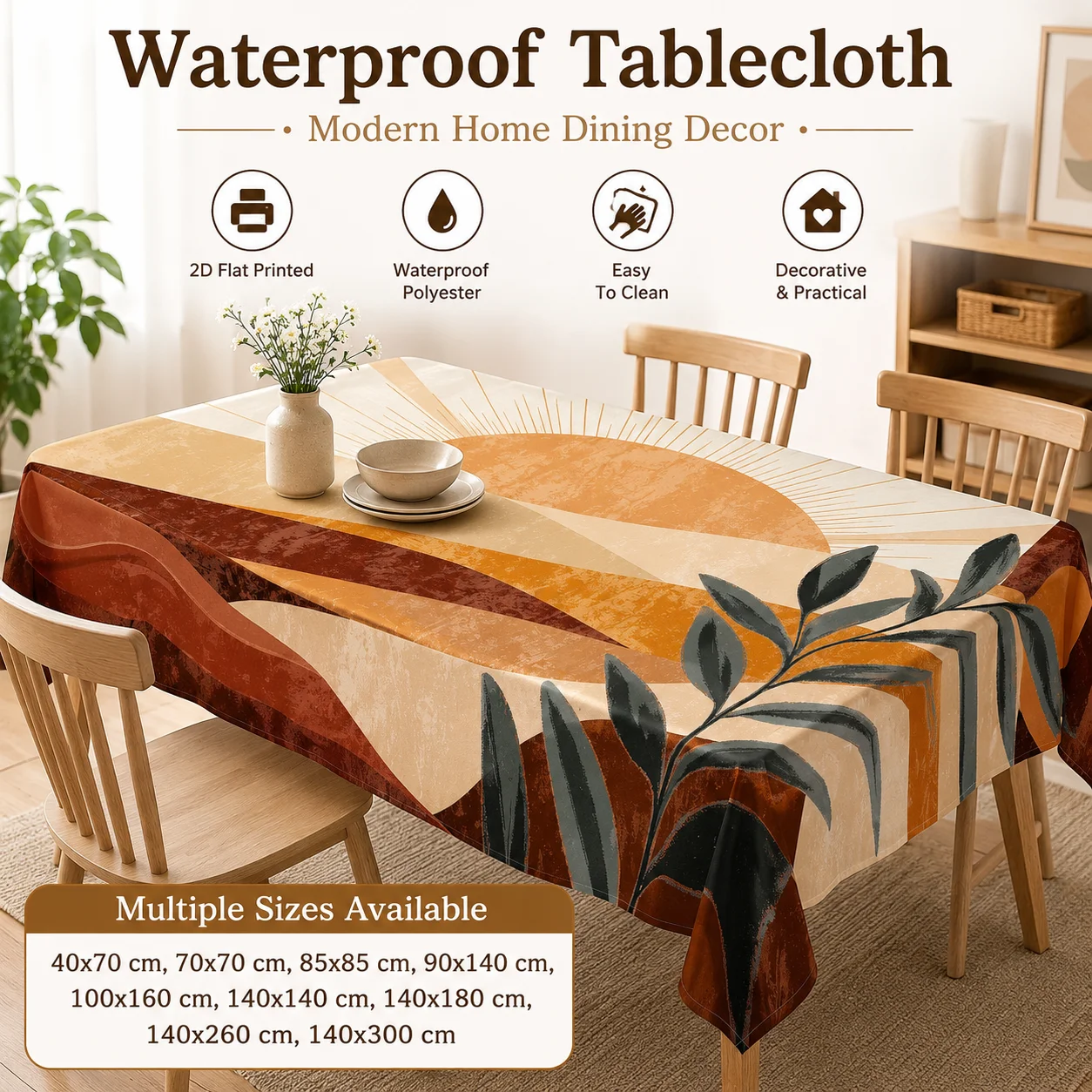 

Boho Abstract Sun Leaf Tablecloth 2D Flat Printed Waterproof Polyester Table Cover For Dining Room Kitchen Modern Home Decor