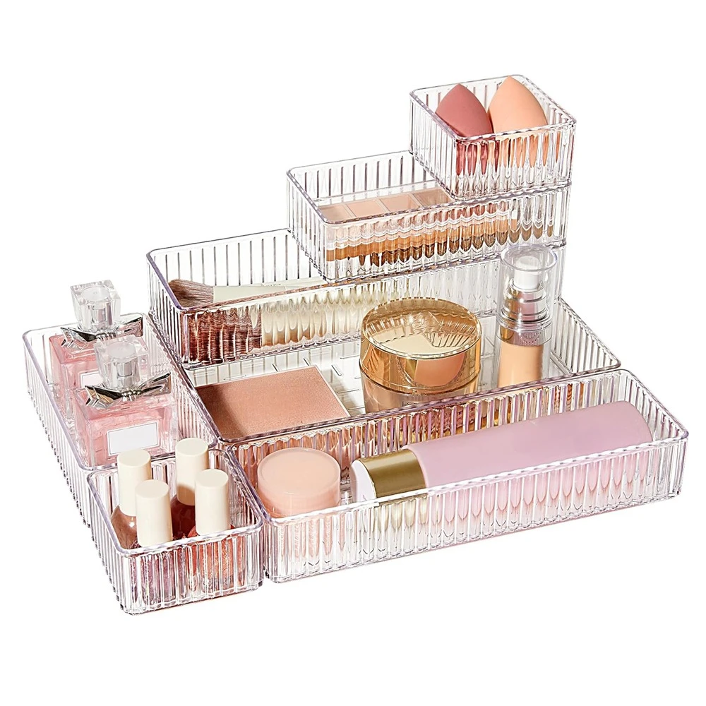 7PCS Desk Drawer Organizers Set Plastic Bathroom Storage Makeup Organizer Clear Transparent Storage Box Bins Kitchen Gadget