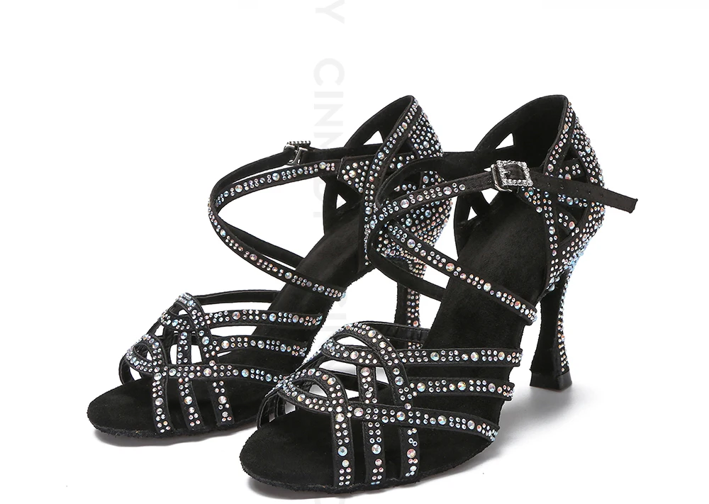 CINMIDY Latein-Tanzschuhe Kubanischer Absatz Salsa Ballroom Tanzschuhe Silber Strass Hochzeitsschuhe Damen Party Performance Schuhe – Detail 3