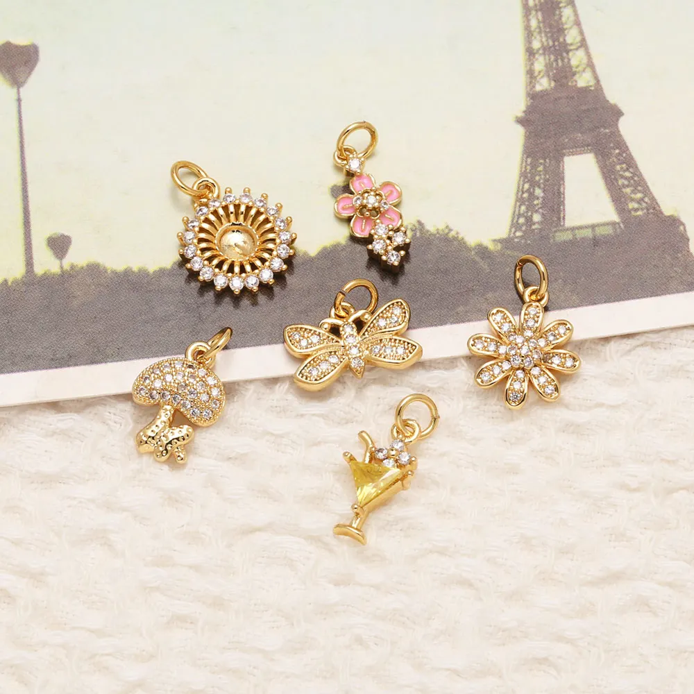 OCESRIO White Crystal Mushroom Charms for Bracelet Copper Gold Plated Flower Cocktail Dragonfly Jewelry Making Component chma399