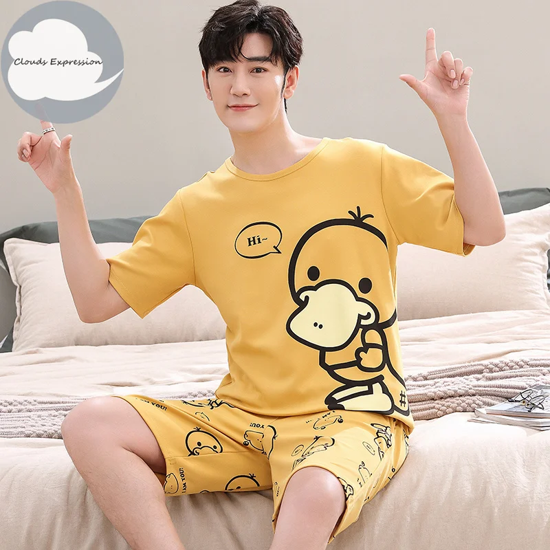 Summer Knitted Cotton Cartoon Duck Print Sleepwear Pajama Sets for Couples Short Suits Young Lovers Pajamas 4XL Homewear Fashion