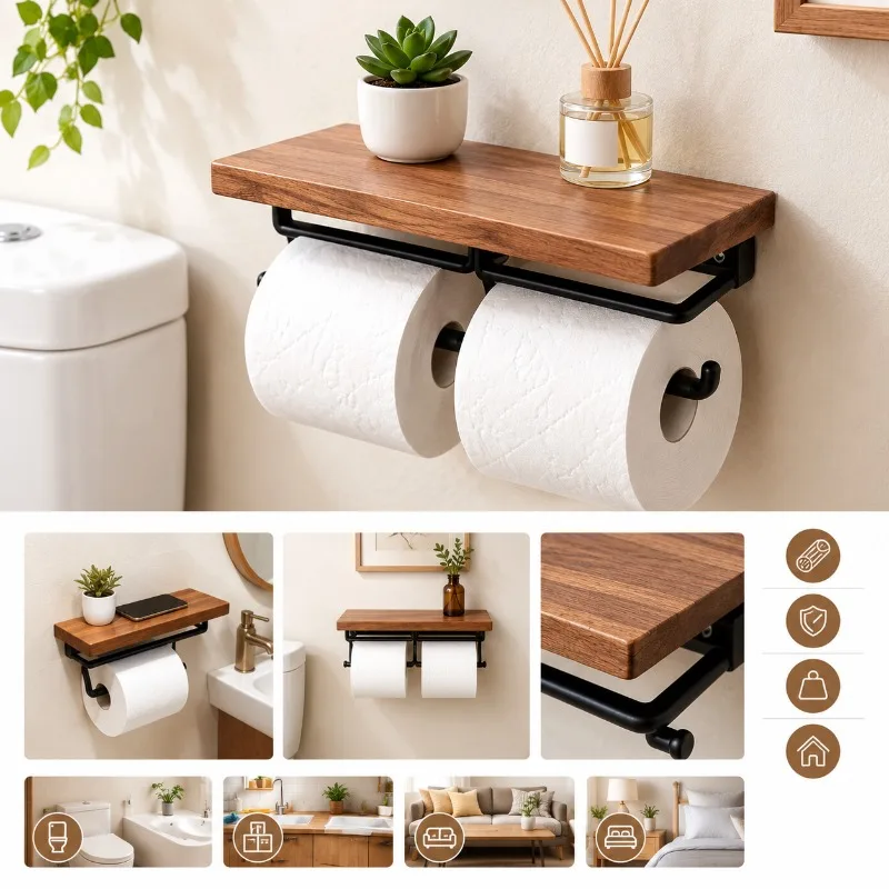 Wooden Toilet Paper Holder Wall Mounted Bathroom Tissue Roll Rack Shelf Double Roll Storage Organizer for Home Washroom Decor