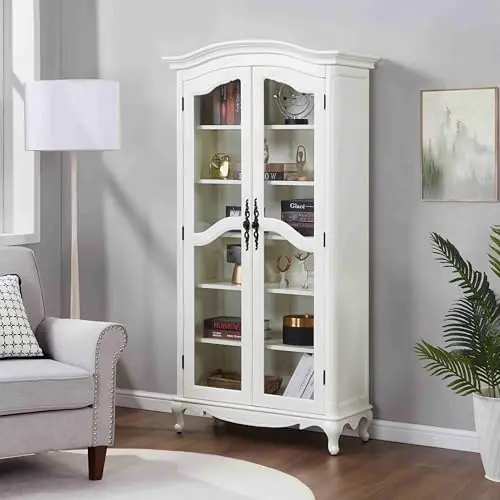 Farmhouse Arched Display Cabinet Bookcase Bookshelf with Glass Doors and Adjustable Shelves, 72" Tall 6 Tiers French view 4