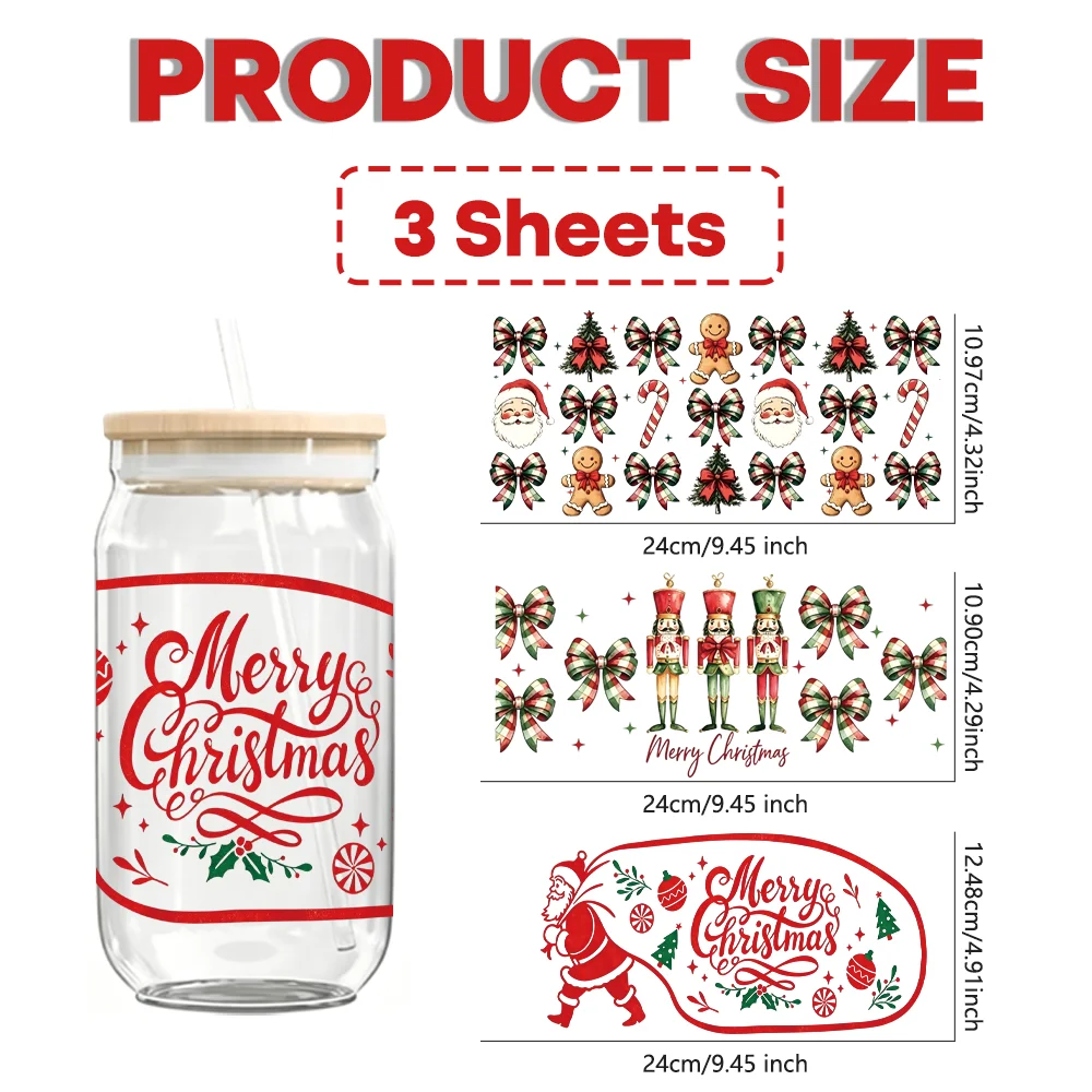 3PCS Santa Claus UV DTF Crystal Label Stickers. Waterproof and wear-resistant, DIY transfer decals for tumblers and phone cases.