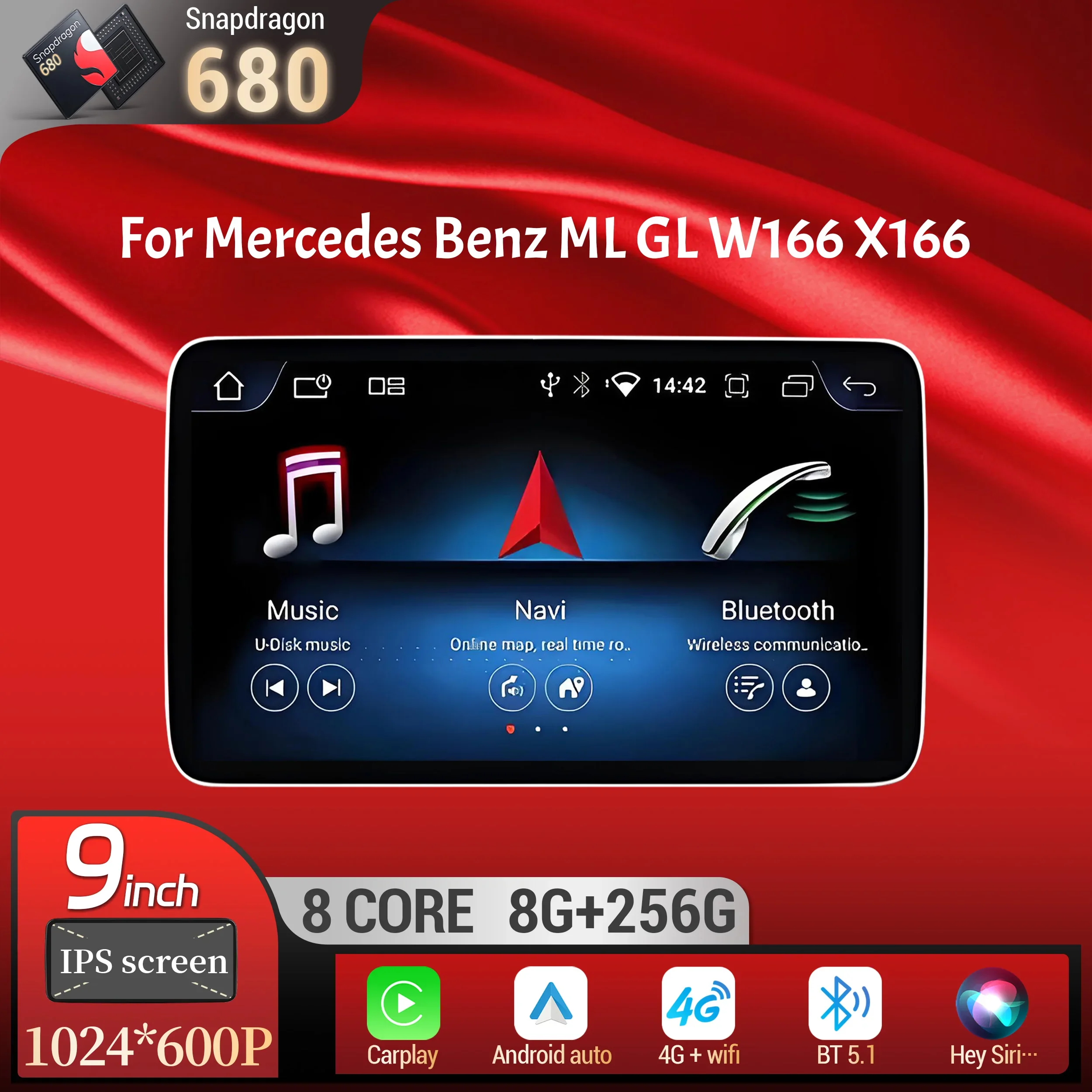 9 inch Android 13 For Mercedes Benz ML GL W166 X166 Wireless Bluetooth Carplay Head Unit Qualcomm Snapdragon 680 Screen Stereo