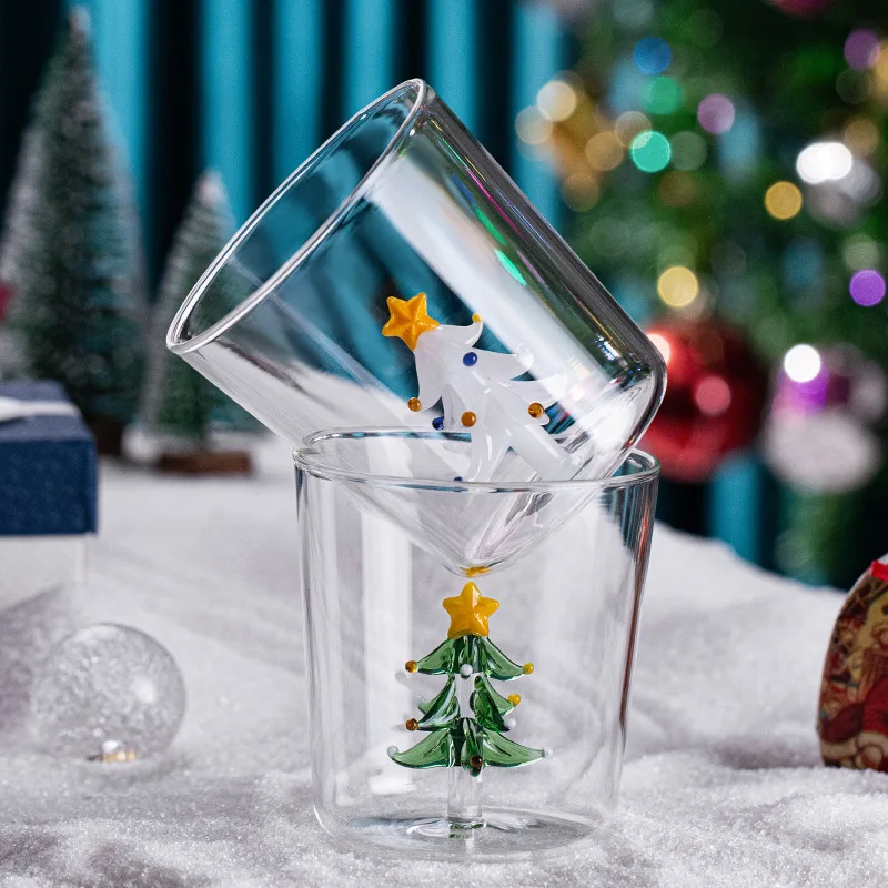 

300ml Glass Cup 3D Christmas Tree Theme Water Glasses Mugs Red Wine Goblet Transparent Milk Juice Coffee Mug Christmas DrinkGift