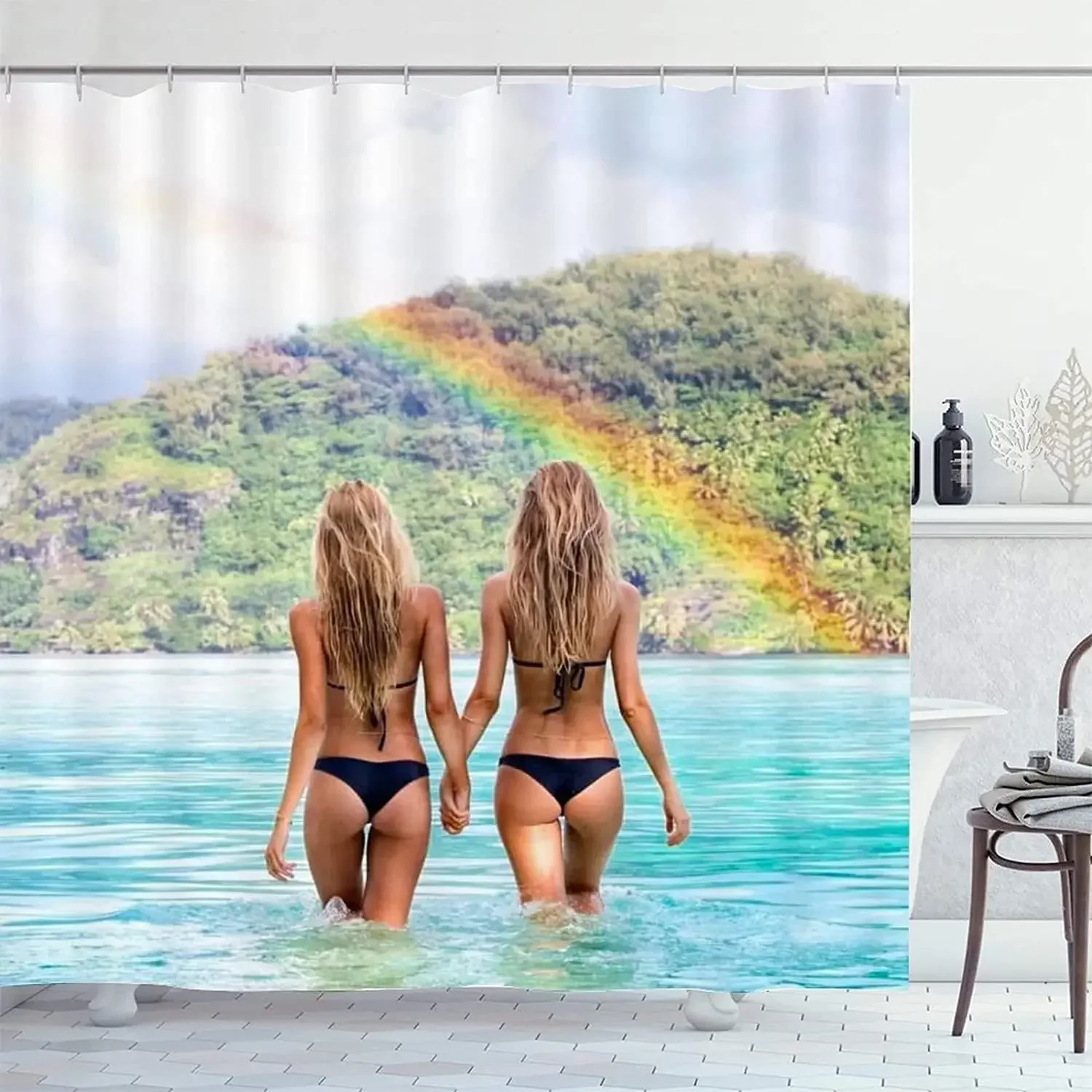 Shower Curtains Beautiful Women Sexy Ass Nude Busty Bikini Girls on The Beach Bath Curtain Polyester Fabric Bathroom Decor Set