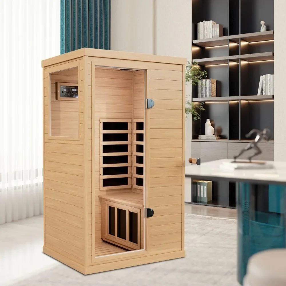 Infrared Sauna with 1050W Indoor Sauna，Low EMF Heaters, 2 Bluetooth Speakers, 1 LED Reading，1 Person Far Infrared Sauna for Home