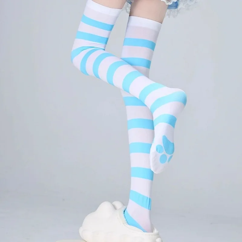 Lolita Over Knee Socks Women Striped Thigh High Stockings Long Socks Anime Cute Cat Paw Cosplay Stockings JK Accessories