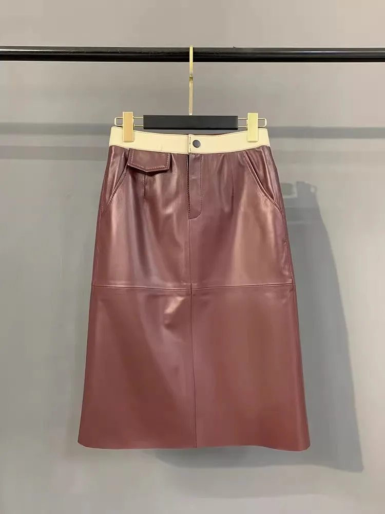Elegant Office Ladies Back Split Colors Panelled Back Split Work Skirt Autumn New A Line Women Sheepskin Genuine Leather Skirts