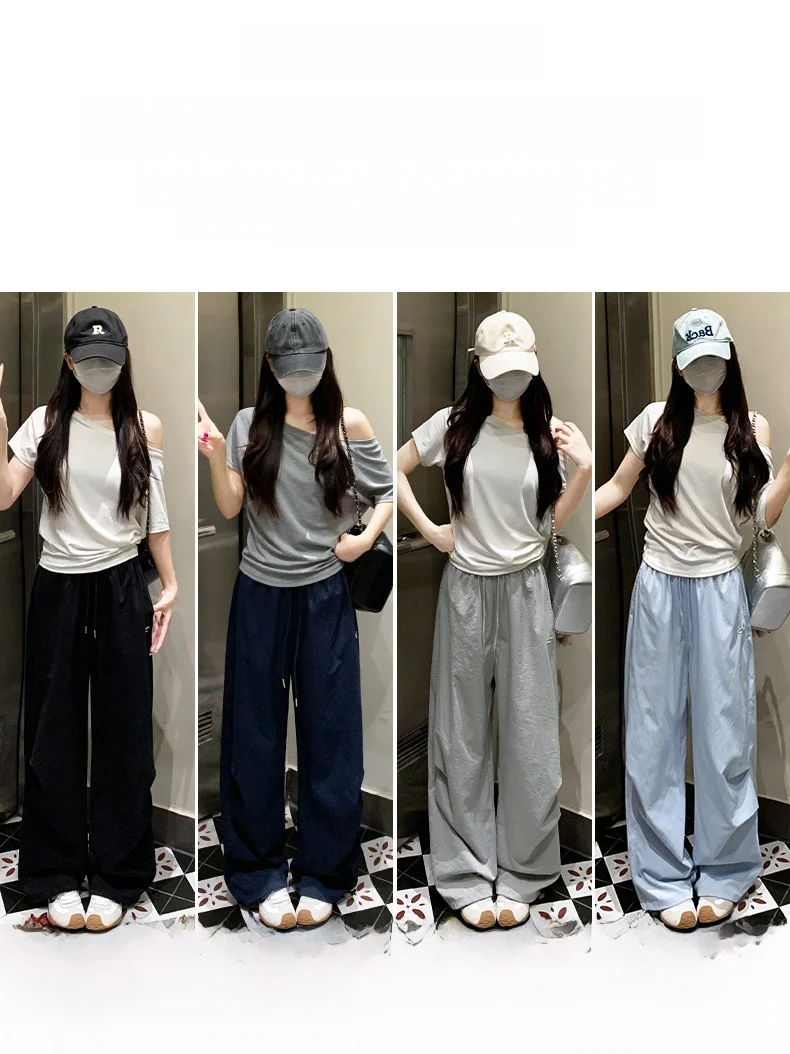 Quick Dry American Style Workwear Pants Women Summer Thin Large Size High Waist Wide Leg Straight Casual Sports Trousers