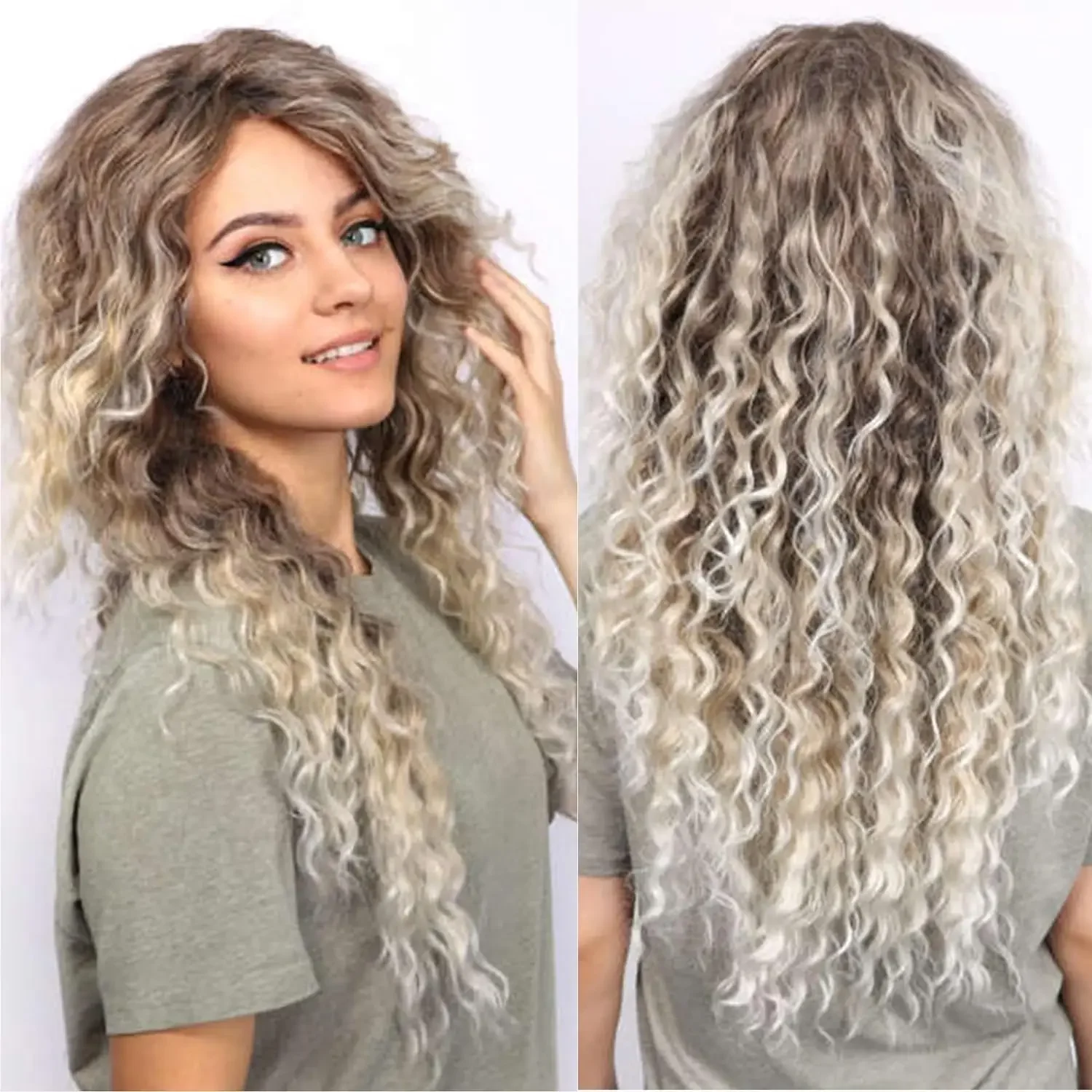 

Fencca Ash Blonde Long Curly for Women Ombre Color Heat Synthetic Curly Mix Blonde Layered Natural Wigs