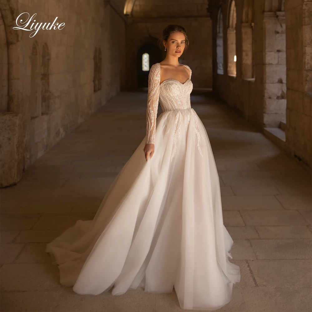 Liyuke Stunning A-line Tulle Wedding Dress Exquisite Beaded Floral Lace Corset Sweetheart Bridal Gowns