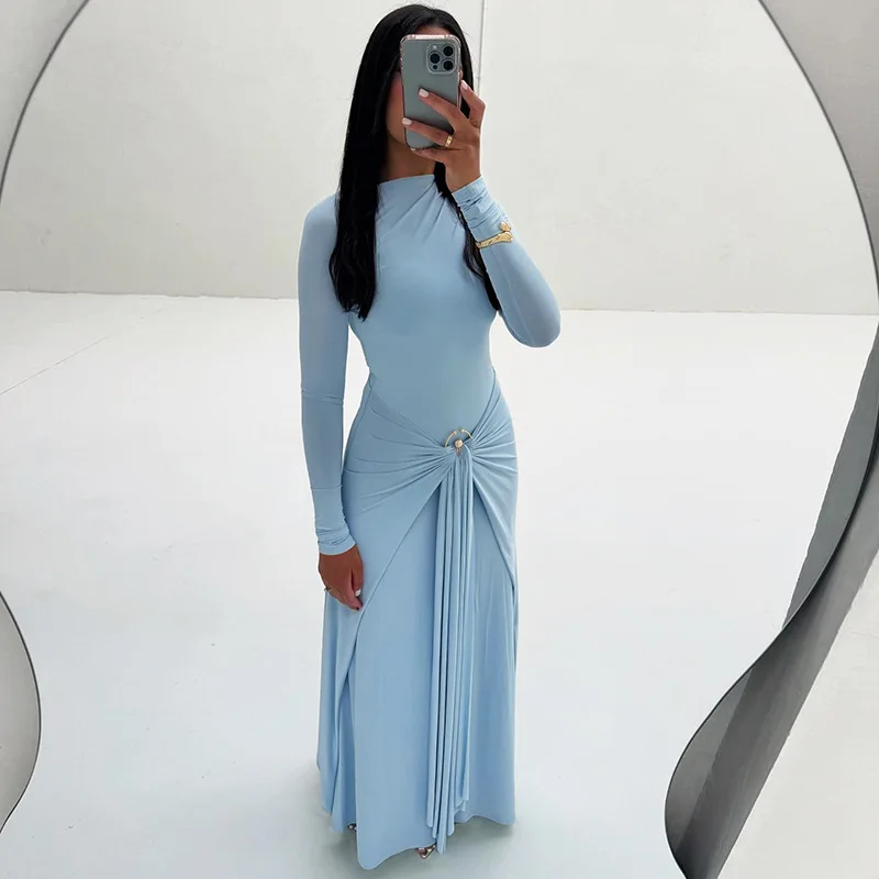Letnia seksowna sukienka midi typu bodycon, elegancka, z ozdobną klamrą, jednolita, z długim rękawem, podkreślająca biodra, obcisła sukienka na ramiączkach.
