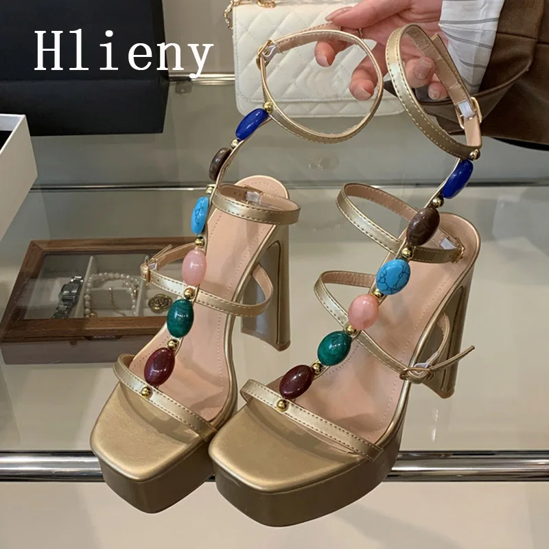 Hlieny Summer Buckle Strap Hollow Out Narrow Band Sandals Women Fashion Square Toe Platform Nightclub Stripper High Heels Shoes