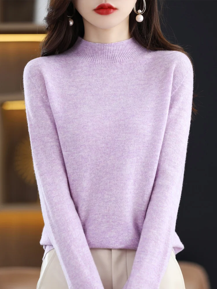 Fashion Women Cashmere Sweater 100% Merino Wool Pullover Mock Neck Basic Knitwear Autumn Winter Long Sleeve Basic Clothing Tops