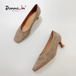 Donna-in Genuine Leather Weave Women Pumps Shoes Square Toe Mid Heels 5.5CM Daily Office Work Elegant Comfortable Lady Shoes