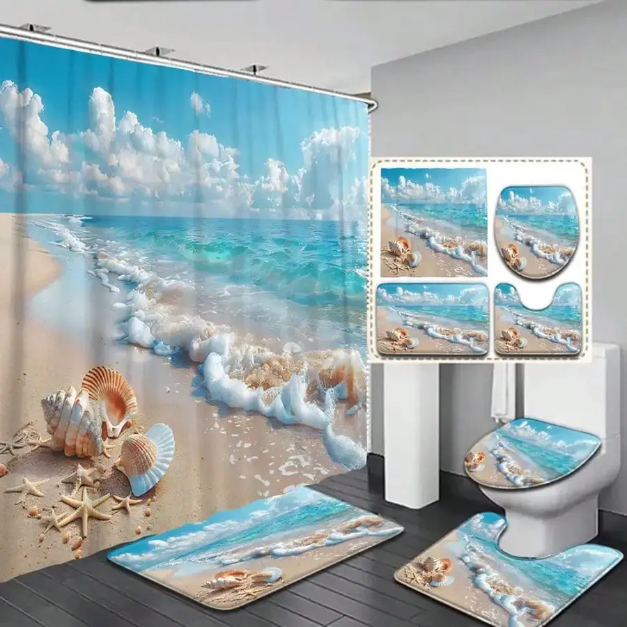 

4pcs Printed Beach Series Beach Scenery Beach Shell Pattern Shower Curtain Bathroom Set, Must-Have For Home, Dorm Decor Home