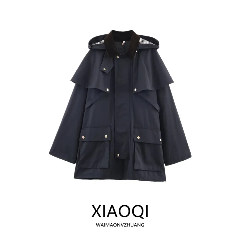 

Fall 2025 New Women's Design Sensation Color Blo Hooded Windbreaker Jaet Collar Ne Zipper Closure Long Sve Midi Coat