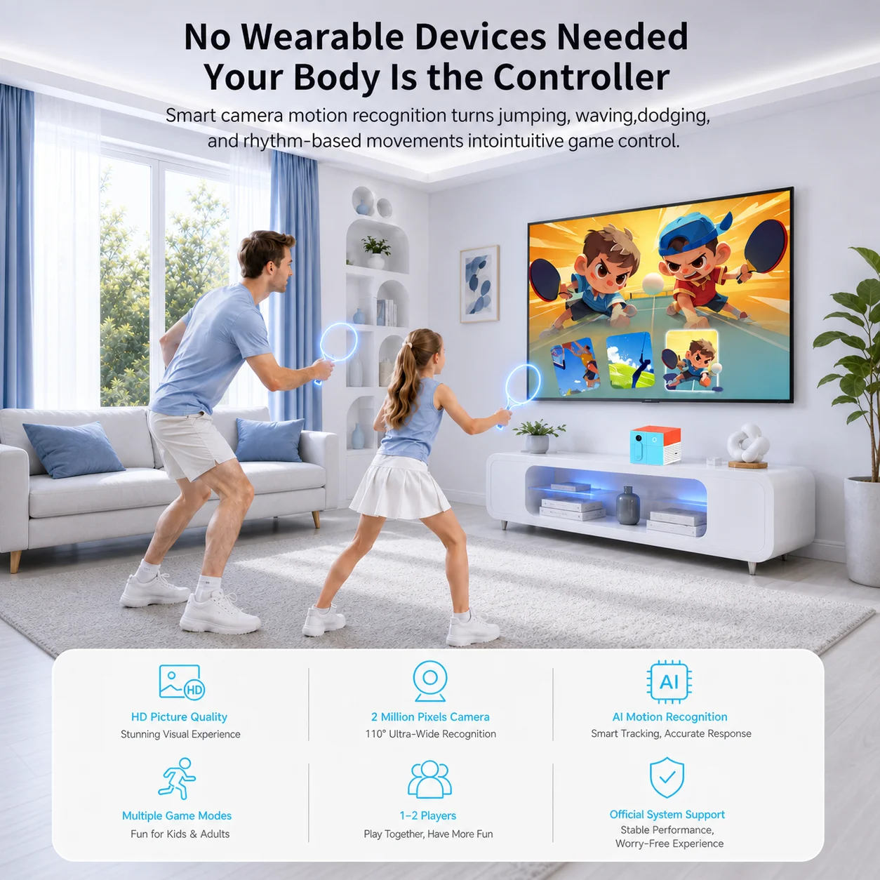 AI Motion Sensing Game Console Motion X Pro with 2MP Camera, No Wearables, 1-2 Player HD TV Fitness System for Kids and Adults