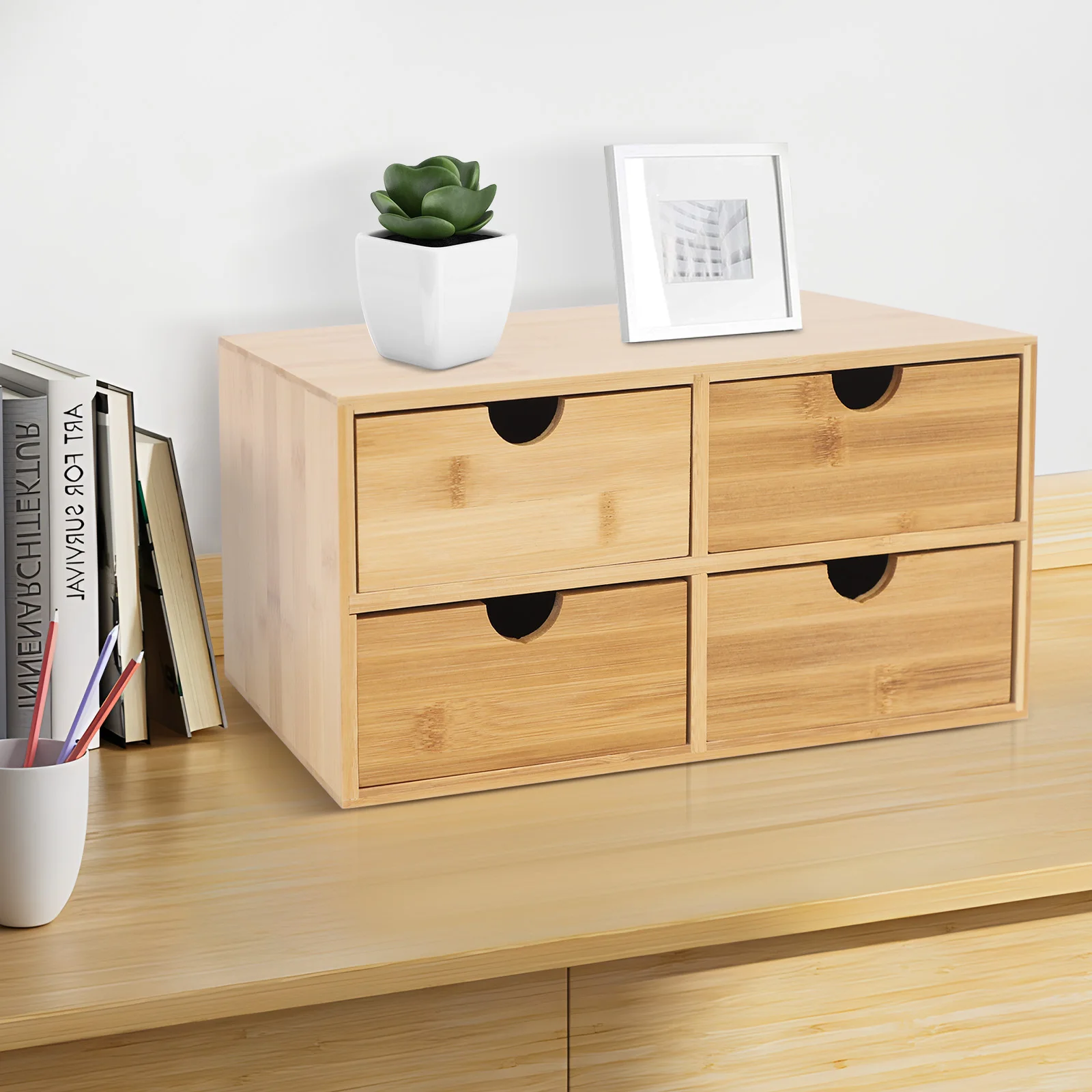

4-Drawer Desk Organizer Bamboo Desktop Storage Box Tabletop Storage Organizer for Home Office Cosmetics Small Item Storage