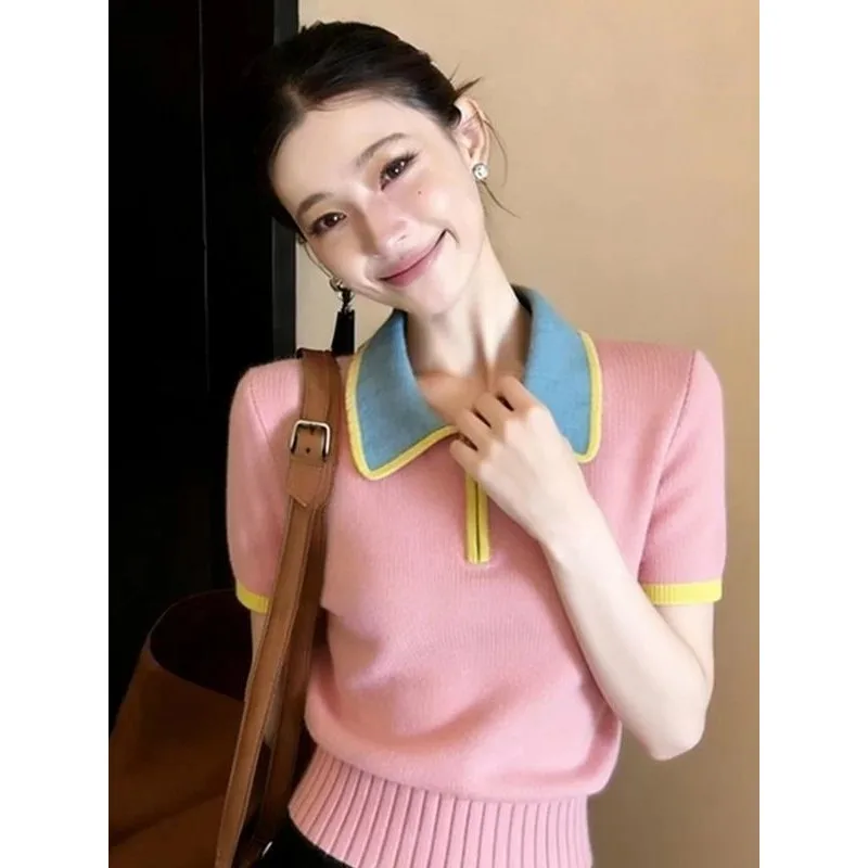 Trend Tops Design Pink Knit Shirts Short-sleeved T-shirts Women Knitwear  Collar Vintage Clothes Tshirt Vintage Kawaii