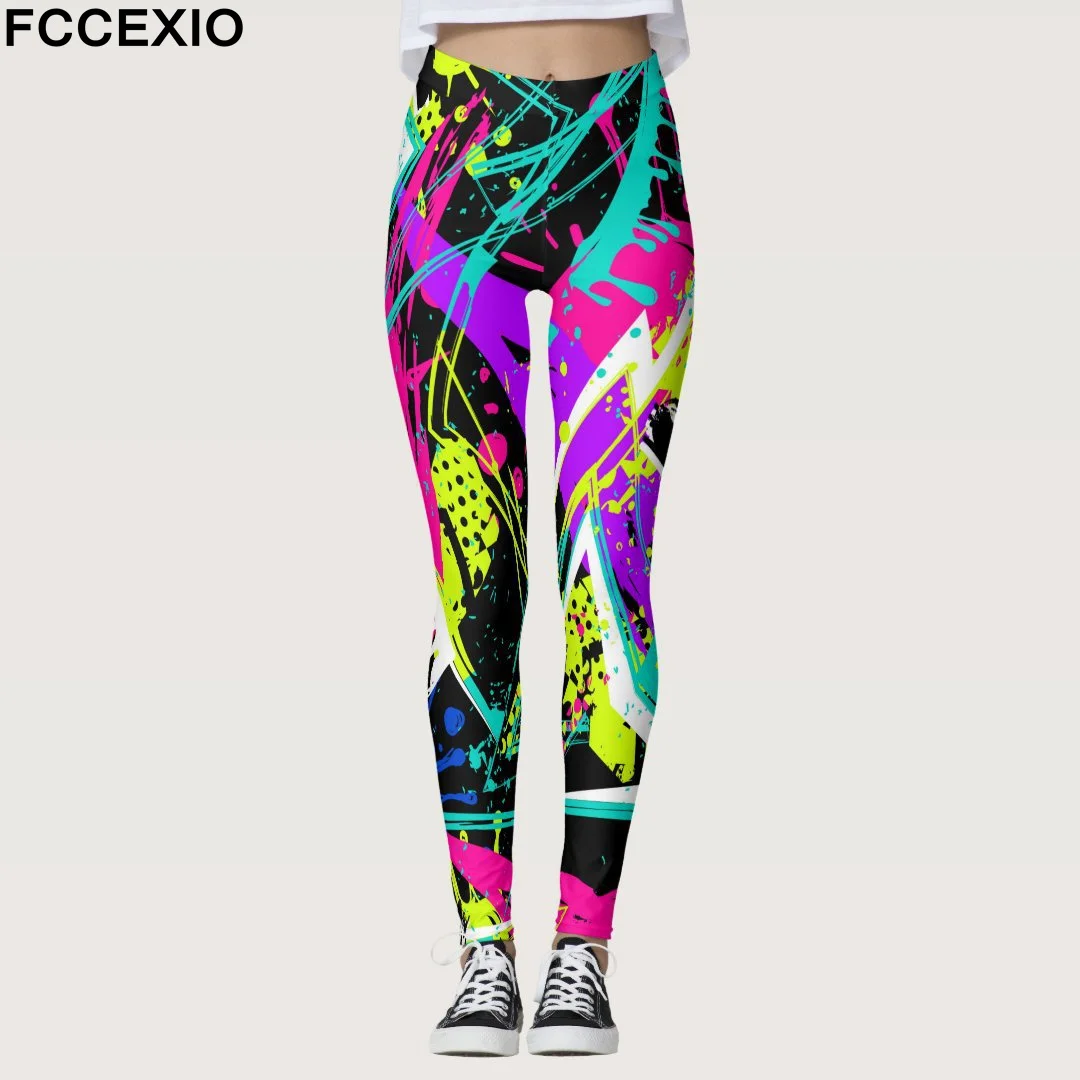 FCCEXIO Summer New Geometric Graffiti Print Women\'s Sports Leggings High Waist Running Tght Fitness Workout Yoga Gym Pants S-3XL