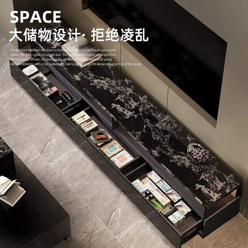 Italian minimalist black rock slab floor-to-ceiling 2026 new small apartment family living room TV cabinet