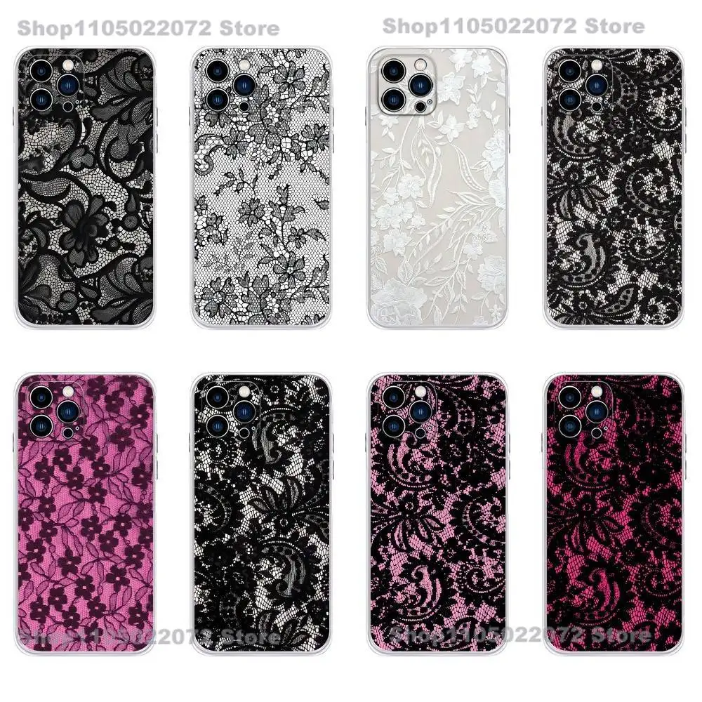 

Black Lace Pattern Personalized Phone Case For iPhone 17,16,15,14,13,12,11 X,Plus,Pro,Max,XR,Plus,E,Mini Transparent Soft Cover