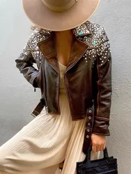 Leather jacket 2023,Design Luxury Handmade Diamonds Vintage Women Genuine Leather Jacket Zipper High Quality Punk Real Cowhide M