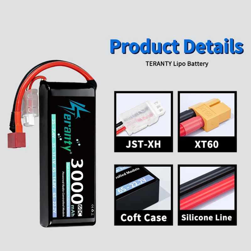 TERANTY 2S 3000mAh Lipo Battery 7.4V 60C 7.6V 80C With T/XT60 Plug for RC Car Truck Drone Airplane FPV RC Hobby Models Battery