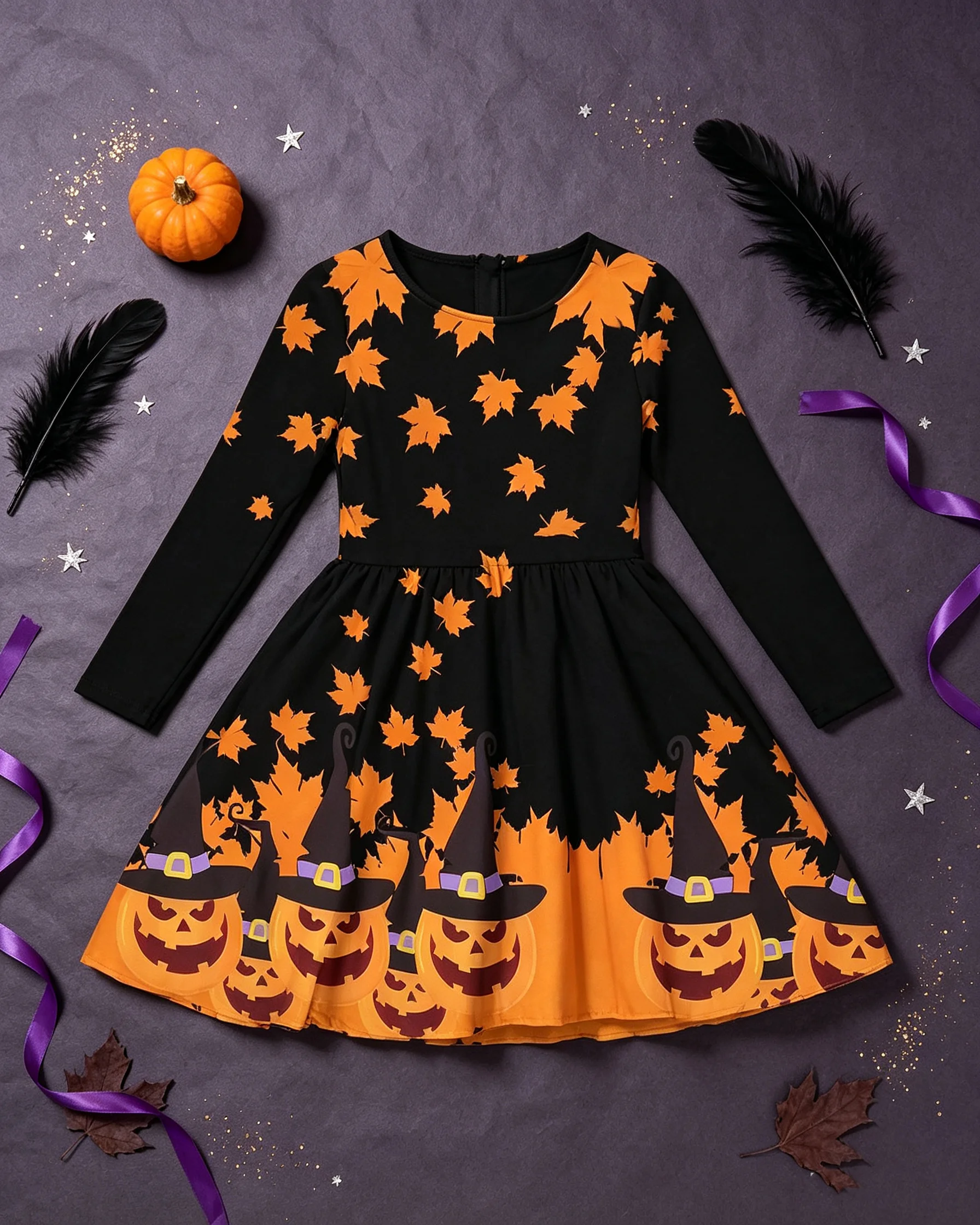 Exquisite long sleeved dress with maple leaf and pumpkin pattern, suitable for girls' clothing on Halloween Festival