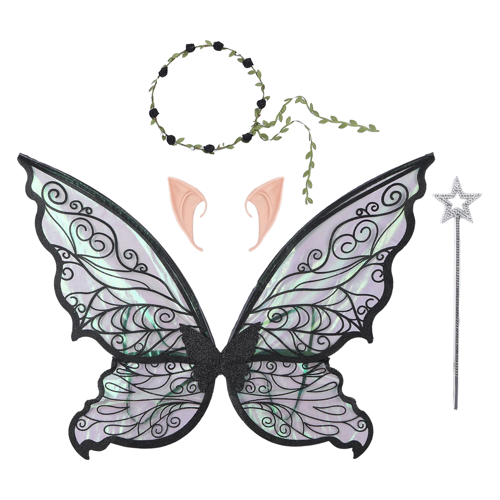 Fairy Wing Costume Elf Angel Butterfly Wings with Elf Ears Glitter Magic Wand Wreath Halloween Princess Cosplay Party Dress Up