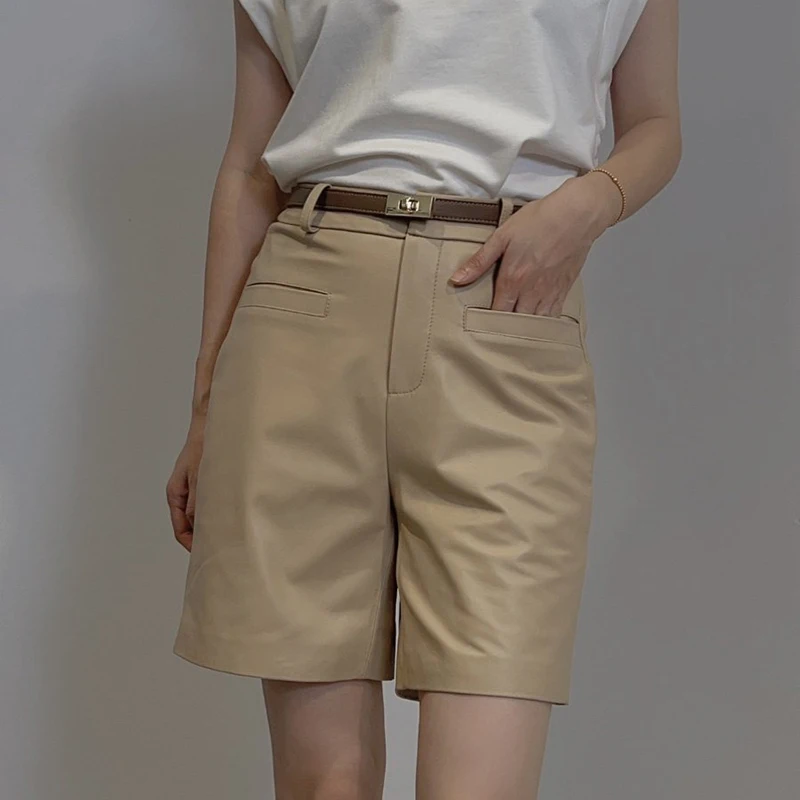 Real Leather Shorts for Women High End Sheepskin High Waist Pocket Embroidery Simple Fashion Coffee/Burgundy Leather Short Pants